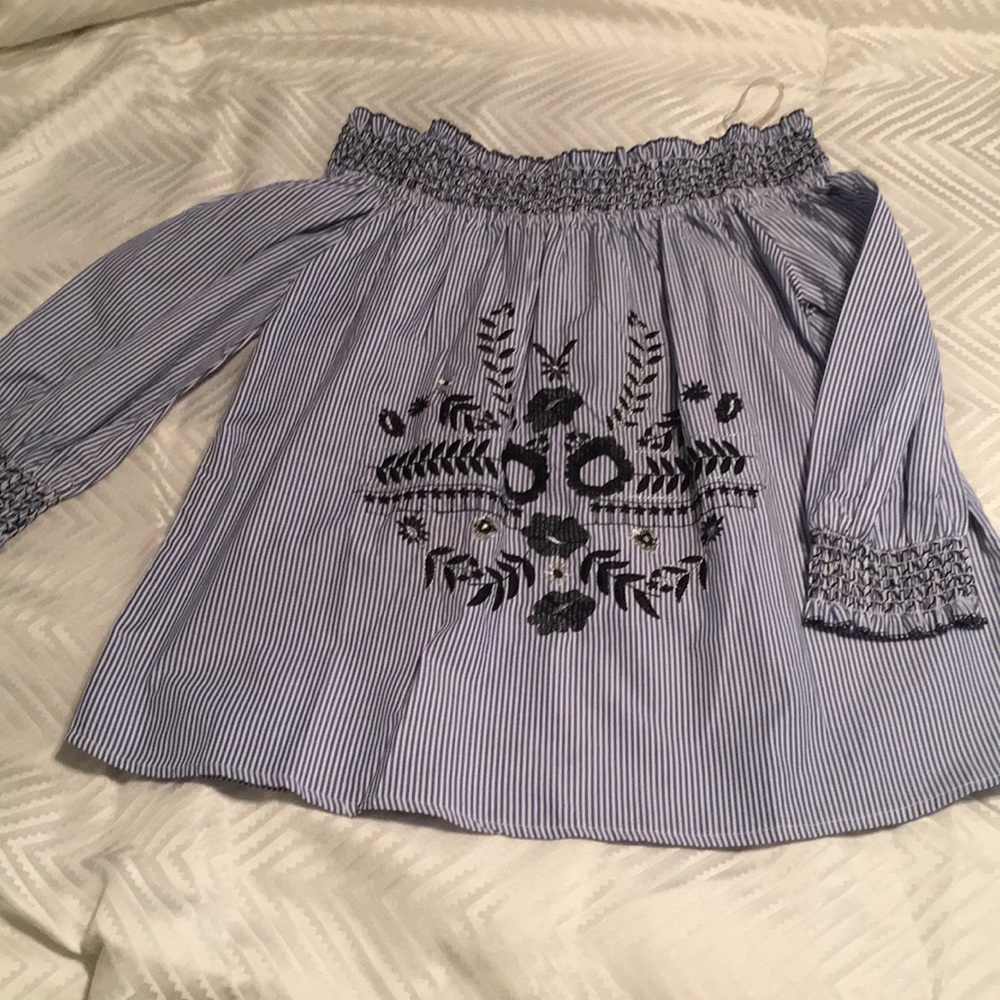 Off the shoulder blue and white blouse